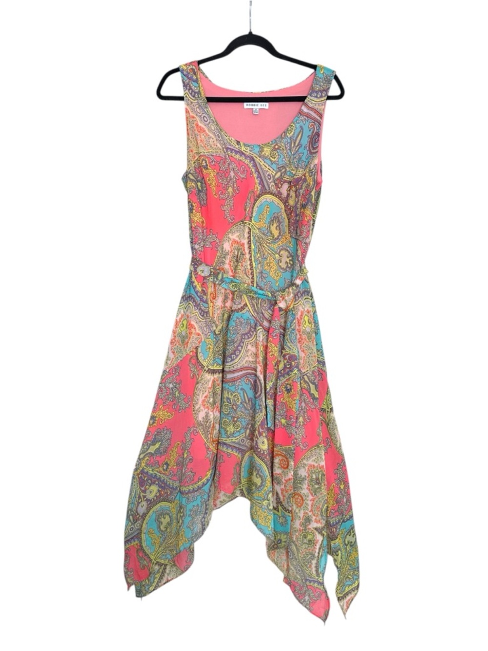 ROBBIE BEE Handkerchief Hem MIDI Dress Pink Teal Fairycore Boho Resort Size 12